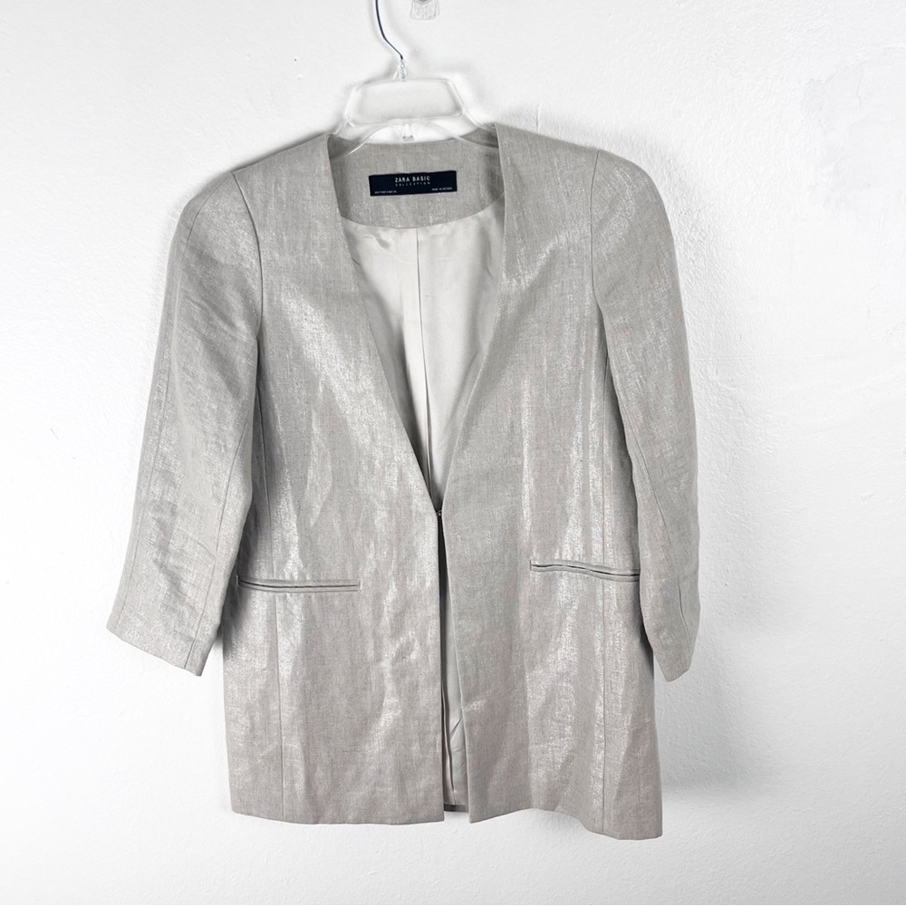 ZARA 100% Linen Metallic Hook Closure 3/4 Sleeves Lined Blazer Size Small Boho
